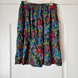 Vintage Floral Midi Skirt Women 12 Rayon A Line 80s Spring Bold Colorful Pleated
